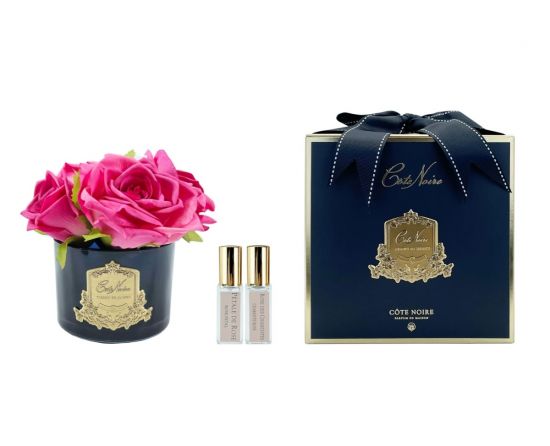 Букет FIVE ROSE magenta из 5 роз ароматизированный, цвет ярко-розовый, черная ваза, золото, 1 спрей