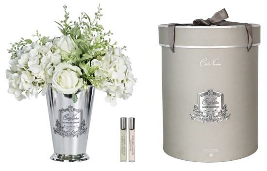 Диффузор букет розы с гортензиями, 2 спрея по 10 мл, белый, серебряная ваза, Grand Summer Posy White