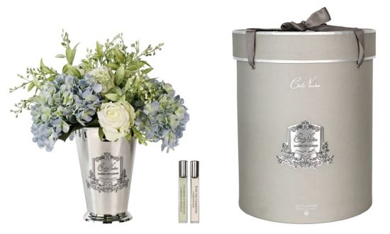 Диффузор букет розы с гортензиями, 2 спрея по 10 мл, бело-голубой, серебряная ваза, металл, Grand Summer Posy Blue