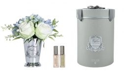 Summer Posy Blue Диффузор букет розы с гортензиями, ,бело-голубой, серебряная ваза, металл, спрей 10
