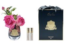 TEA ROSE MAGENTA Букет роза с гортензией, цвет ярко-розовый, черная ваза, золотой декор, 2 спрея 5