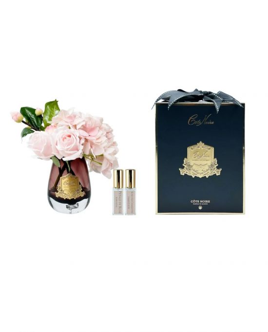 TEA ROSE Hydrangea pink Букет роза с гортензией, цвет розовый, черная ваза, золотой декор, 2 спрея